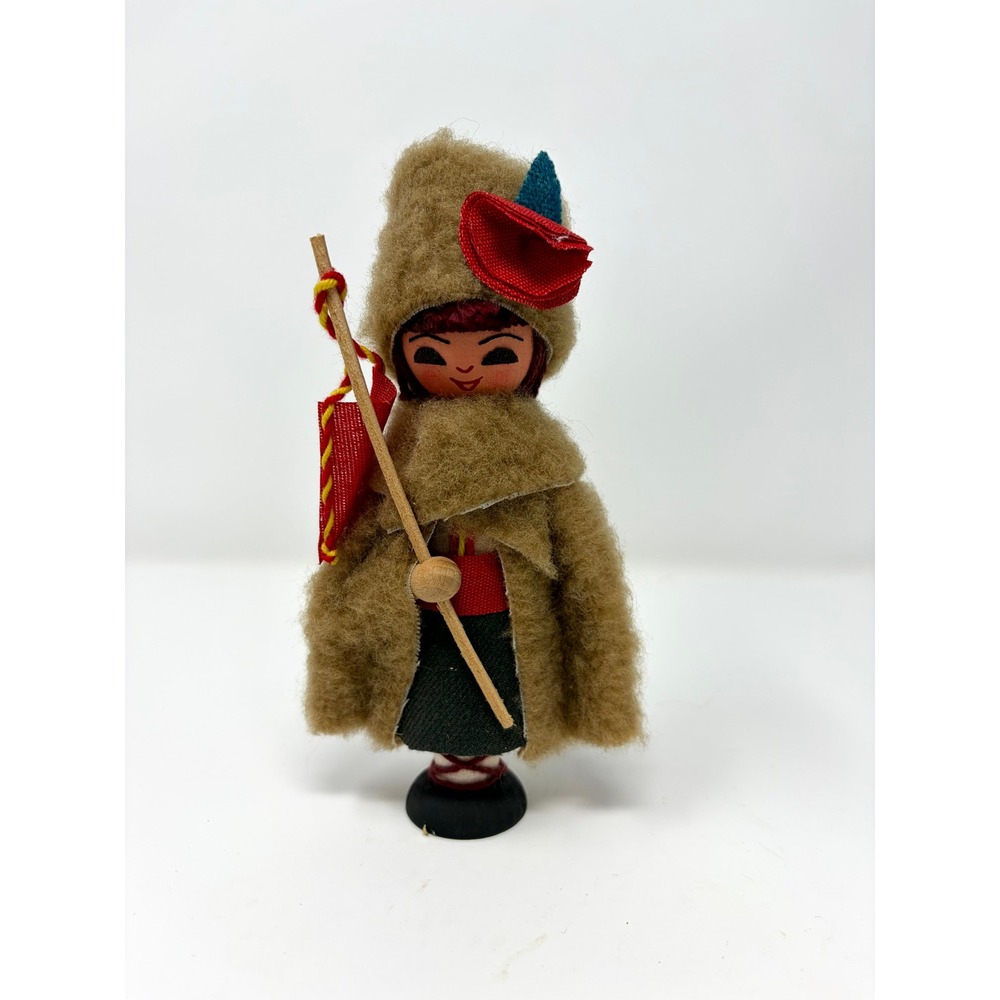 Vintage Alps Souvenir Doll Wooden Hand Painted Face Fuzzy Hooded Cloak 5.5" - Picture 1 of 5